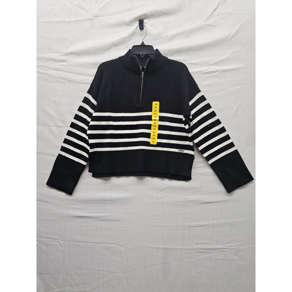 DKNY Womens Quarter Zip Striped Sweater Black‎ White Mock Neck DJ5R0975 Medium